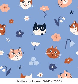 Vector cute seamless pattern with cats and simple stylized flowers. Cat seamless fabric design. Kids illustrated animals on blue background. Simple kawaii animal illustration.