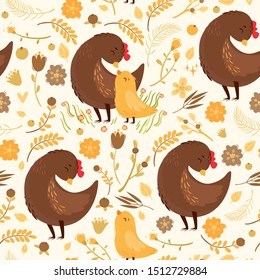 vector cute seamless pattern with chicken, mother's love, mother's day, doodle elements. farm and livestock. mother and baby