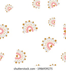 Vector cute seamless pattern with colored rainbow. Simple repeated texture with scandinavian elements. Template for baby textile and wrapping paper. background with hand drawn element heart.