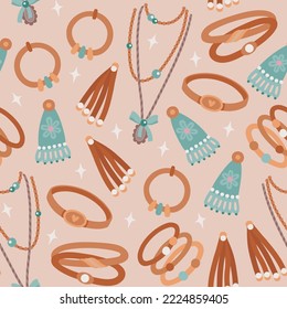 Vector cute seamless pattern with different kinds of boho style juewelry 