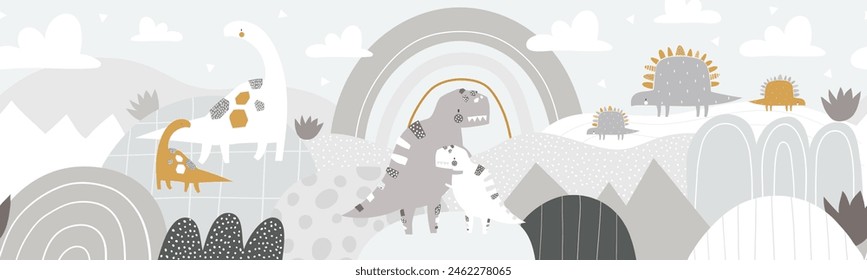 Vector lindo patrón sin fisuras con dinosaurios, montañas, arco iris y nubes. Período jurásico. Paisaje de montaña. Fondo de pantalla de dino para niños. Cartel Horizontal de los niños. Horizontal Anuncio de repetición. Boho.