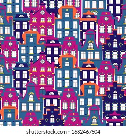 Vector cute seamless pattern with doodle traditional vintage houses. Vector background of multi-colored facades of old buildings in scandinavian trendy style.