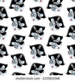 Vector cute seamless pattern with face of smiling snow leopard in pirate hat and eye patch. Isolated on the white background.