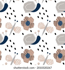 vector cute seamless pattern with flowers, butterflies, snails in Scandinavian style for fabrics, paper, textile, gift wrap isolated on blue background