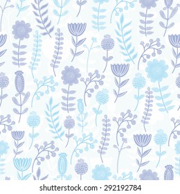 Vector cute seamless pattern with cute flowers in blue and purple colors