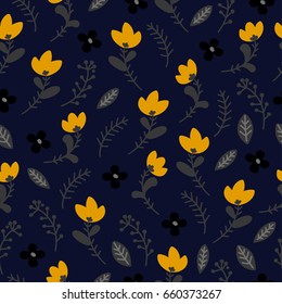 Vector cute seamless pattern with flowers and leaves on a blue background. A gentle spring or summer pattern for girls and children, suitable for clothing, packaging gift paper, design, print.