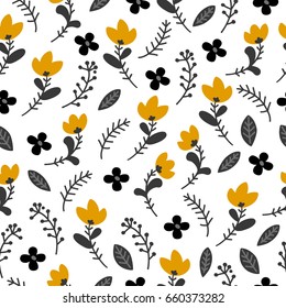 Vector cute seamless pattern with flowers and leaves on a white background. A gentle spring or summer pattern for girls and children, suitable for clothing, packaging gift paper, design, print.