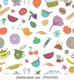 Vector cute seamless pattern with food and flowers