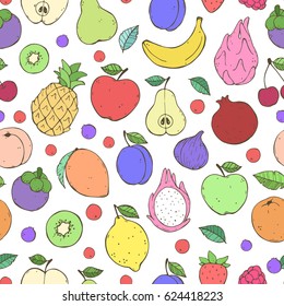 Vector cute seamless pattern with fruits and berries. Cute doodles and sketches style. 