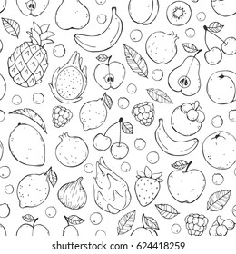 Vector cute seamless pattern with fruits. Cute doodles and sketches style. 