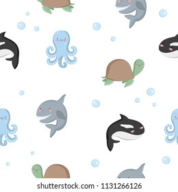 Vector cute seamless pattern with funny sea animals. Wallpaper with adorable marine objects on background, pastel colors. Fabric, baby book, children rooml, birthday