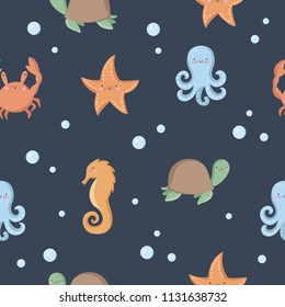 Vector cute seamless pattern with funny sea animals. Wallpaper with adorable marine objects on background, pastel colors. Fabric, baby book, children rooml, birthday