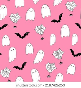 Vector Cute patrón sin fisuras con fantasmas y murciélagos en un fondo rosado para Halloween.