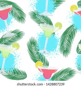 Vector cute seamless pattern with glasses of classic and strawberry Margarita cocktails. Summer background with fresh drinks, slice of lime and tropic leaves for design, Web, banner, bar menu.