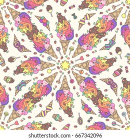 vector cute seamless pattern. Hand drawn clip art for kids. Childish square texture. Cartoon graphic design. Happy festive backdrop. Unicorns time concept. 010