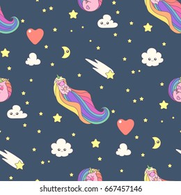 vector cute seamless pattern. Hand drawn clip art for kids. Childish square texture. Cartoon graphic design. Happy festive backdrop. Unicorns time concept.