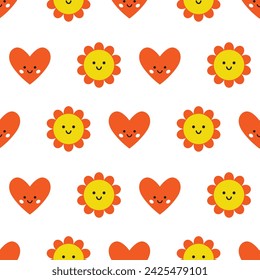 Vector cute seamless pattern with hearts and flowers. Funny smiling heart and flower with face on white background. Baby, children and kids design. Wallpaper, wrapping or fabric.