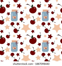 Vector cute seamless pattern with jar of cherry jam and stars in vintage style for fabrics, paper, textile, gift wrap isolated on white background
