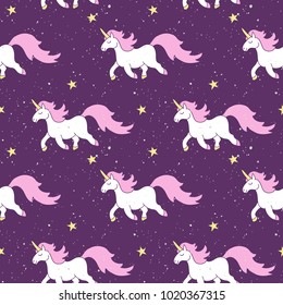 Sencillo patrón impecable con estrellas, caballo mágico arco iris unicornio con mané rosado, cascos dorados sobre fondo estelar de grano morado para textiles, papeles pintados, impresión, envoltura de regalo y reserva de chatarra.