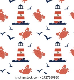 Vector cute seamless pattern with lighthouse, seagull, crab in Scandinavian style for fabrics, paper, textile, gift wrap isolated on white background 