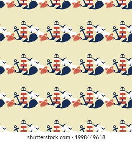 Vector cute seamless pattern with lighthouse for boys with fishes, crab, waves, whale, on yellow background in Scandinavian style for fabrics, paper
