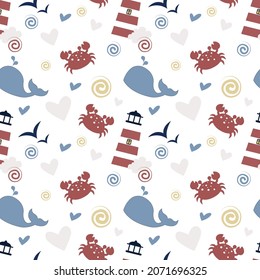 Vector cute seamless pattern with lighthouse, seagull, crab in Scandinavian style for fabrics, paper, textile, gift wrap isolated on white background