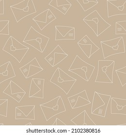 Vector. Cute seamless pattern of love with envelopes, mail, on a beige background. Doodle illustration in cartoon style. Valentine's Day design for print and textile, wallpaper, wrapping paper.