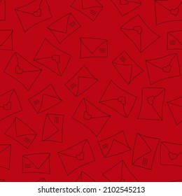 Vector. Cute seamless pattern of love with envelopes, mail, on a red background. Doodle illustration in cartoon style. Valentine's Day design for print and textile, wallpaper, wrapping paper.