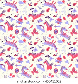 Vector cute seamless pattern with magic unicorns. Background with rainbow, clouds with rain drops, flowers and tulips, butterfly, birds and dandelion's seeds, medieval castle, leaves, sword and shield