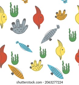 Vector cute seamless pattern with marine animals. Scandinavian motives. Children's print. Hand-drawn illustration.