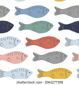 Vector cute seamless pattern with marine animals. Scandinavian motives. Children's print. Hand-drawn illustration.