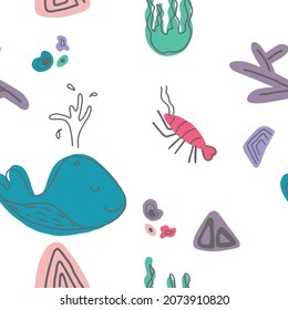 Vector cute seamless pattern with marine animals. Scandinavian motives. Children's print. Hand-drawn illustration.