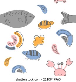 Vector cute seamless pattern with marine animals. Scandinavian motives. Children's print. Hand-drawn illustration.