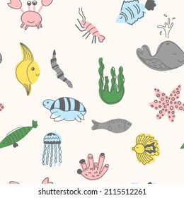 Vector cute seamless pattern with marine animals. Scandinavian motives. Children's print. Hand-drawn illustration.