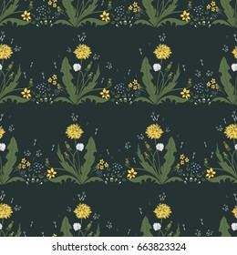 Vector Cute Seamless Pattern in  Meadow Flowers. Dandelions. Floral background for textile, wallpaper, pattern fills, covers, surface, print, wrapping, scrapbooking, decoupage.