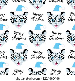 Vector cute seamless pattern with muzzle of smiling snow leopard in santa hat. Cartoon character. Text Merry Christmas. Isolated on the white background. 