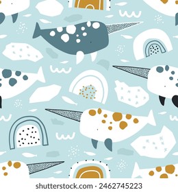 Vector cute seamless pattern with narwhals, rainbows, snowflakes, iceberg, ice. and fishes. Arctic. Winter print. Underwater. Creative kids texture for fabric, wrapping, textile, wallpaper. Nursery. 