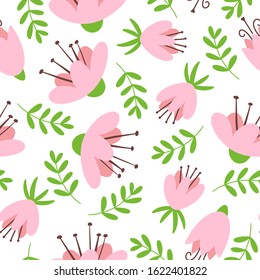 Vector cute seamless pattern with pink spring flowers and green leaves on white background. Floral endless backdrop, trendy hand drawn spring flowers for textile, print, cover, clothes design, Easter.