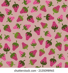 Vector cute seamless pattern with pink summer strawberry