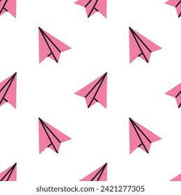 Vector cute seamless pattern with pink paper airplanes. Funny paper planes on white background. Wrapping and wallpaper design.