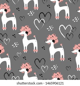 vector cute seamless pattern with poodles and hearts on grey background. can be used as packaging paper, textile, clothing, background, wallpaper and other design.