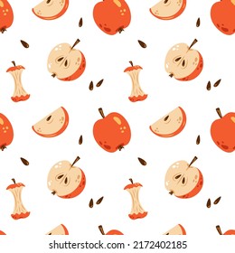 Vector cute seamless pattern with red apples. Whole apple, apple half, slice and apple core. Apple pattern.