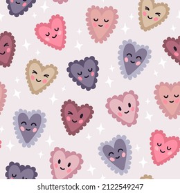 Vector cute seamless pattern with romantic smiling hearts and sparkles