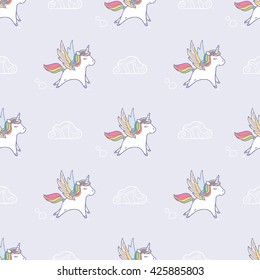 Vector cute seamless pattern with running pegasus in the sky