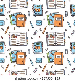 vector cute seamless pattern with school stationery.