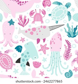 Vector cute seamless pattern with sea creatures, shells and seaweed. Whale, octopus, narwhal, crab, turtle, hammerhead shark. Creative kids texture for fabric, wrapping, textile, wallpaper. Nursery. 