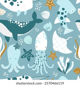 Vector cute seamless pattern with sea creatures, shells and seaweed. Whale, stingray, octopus, narwhal, hammerhead shark. Creative kids texture for fabric, wrapping, textile, wallpaper. Nursery. 