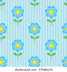 Vector cute seamless pattern with simple blue flowers