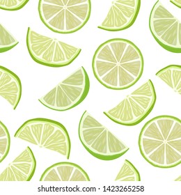 Vector cute seamless pattern with slices of fresh lime. Summer background with fresh citrus fruits. Summer illustration for design, Web, banner, bar menu, template.