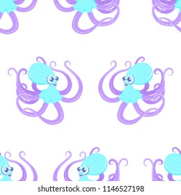 Vector cute seamless pattern with smiling octopus isolated on the white background.
